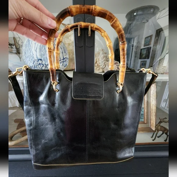 Monsac Women's Black Leather Purse Hangbag w/ Bamboo Handles - Picture 5 of 9